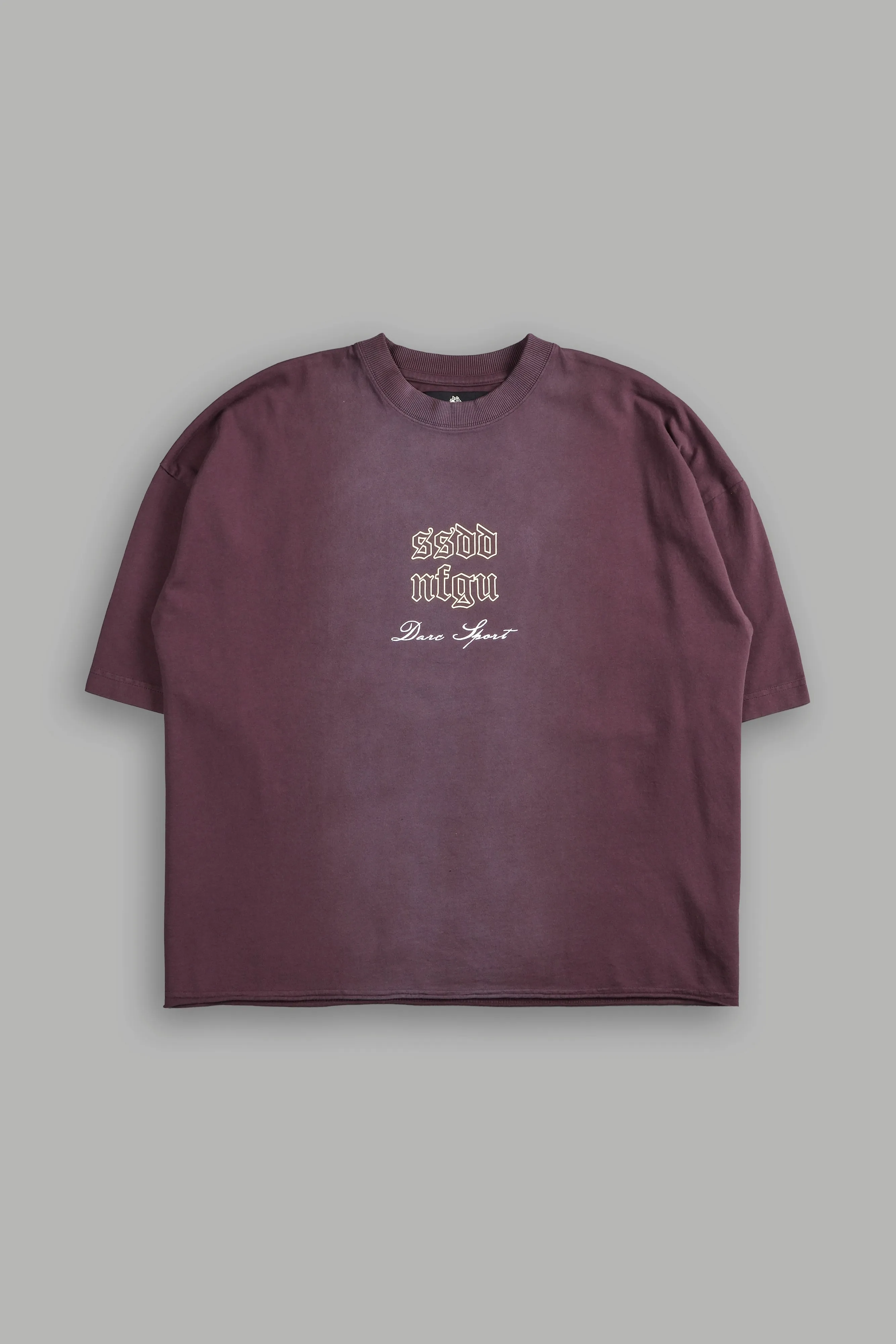 Sacred Fire Grunge Raw Hem "Box Cut" Tee in Darc Purple Spine Sun Fade