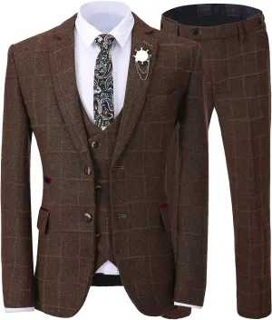 SevenBoy Retro 3 Piece Tweed Herr Check Men's Suit Slim-fit Tuxedo Suit Prom Jacket Vest Pants