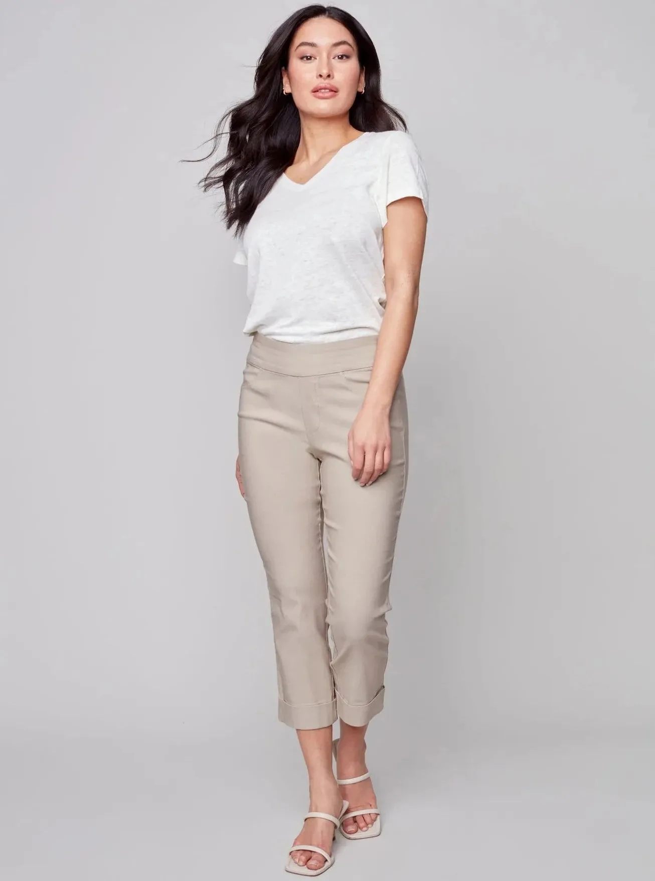 Solid Pull On Stretch Cropped Pant [Greige-C5259RR]