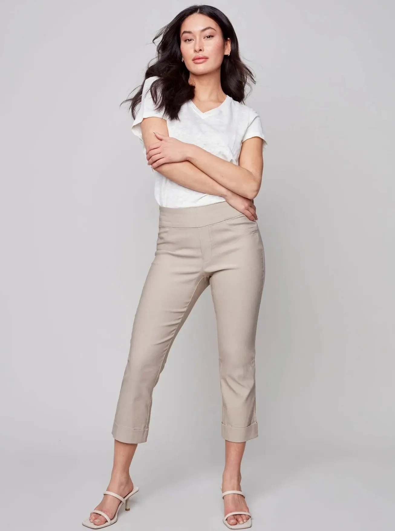 Solid Pull On Stretch Cropped Pant [Greige-C5259RR]