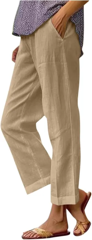 Summer Casual Pants for Women Wide Leg Trousers Elastic Waist Lightweight Linen Blend High Waist Design