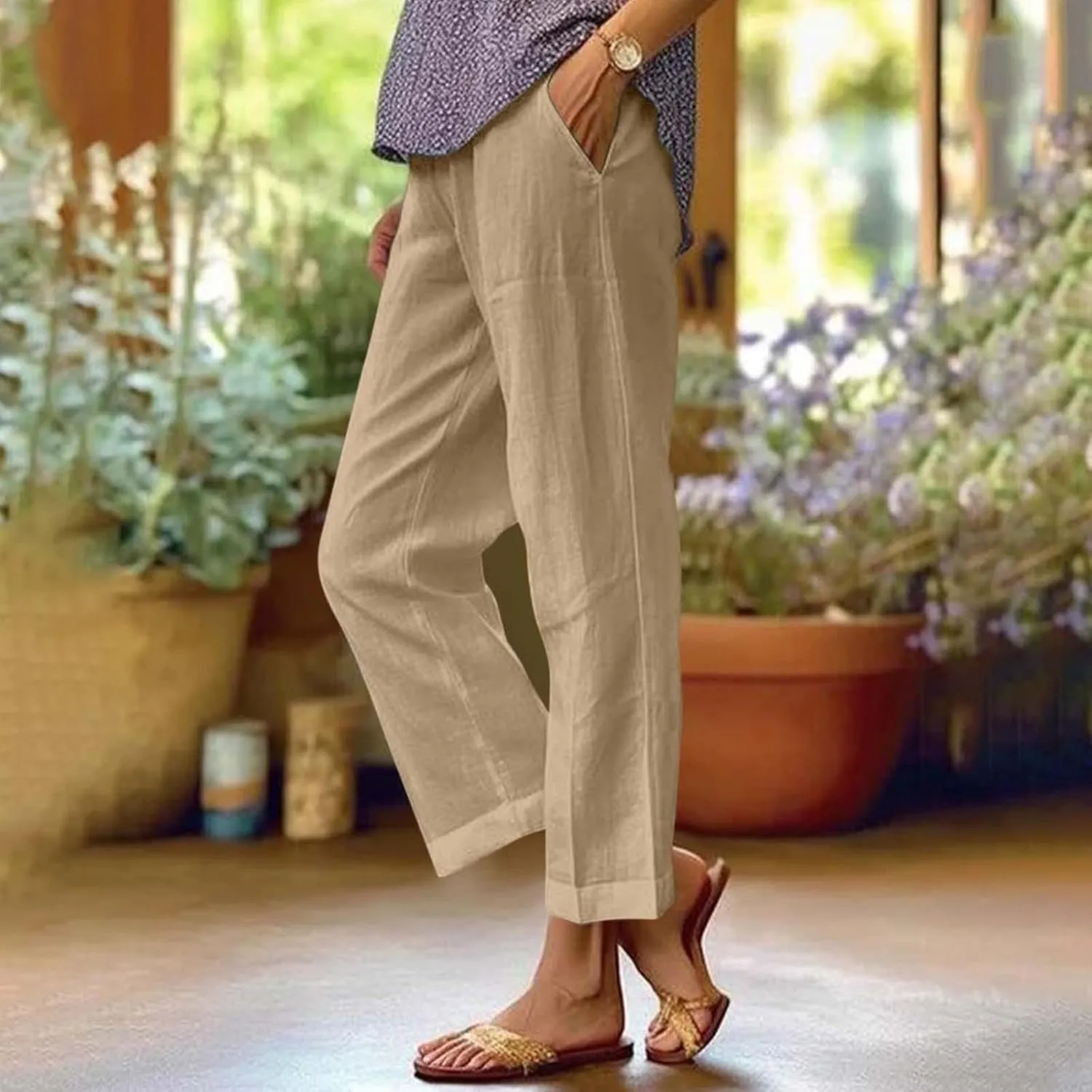 Summer Casual Pants for Women Wide Leg Trousers Elastic Waist Lightweight Linen Blend High Waist Design