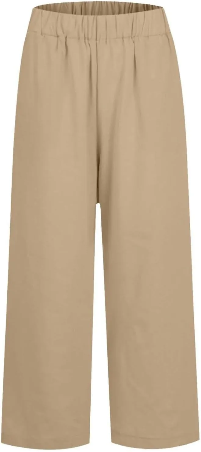 Summer Casual Pants for Women Wide Leg Trousers Elastic Waist Lightweight Linen Blend High Waist Design