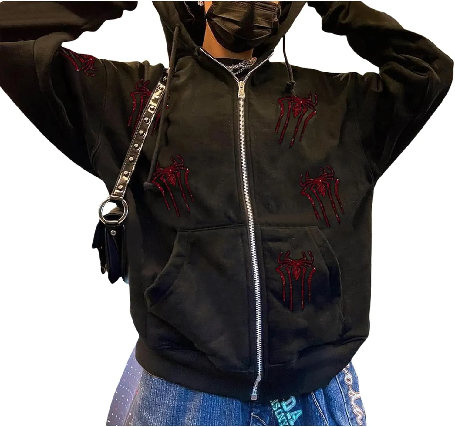 Sunwittafy Y2k Hoodie Men Women Black Rhinestone Zip Up Hoodie Grunge Hooded Oversized Sweatshirt Harajuku Streetwear