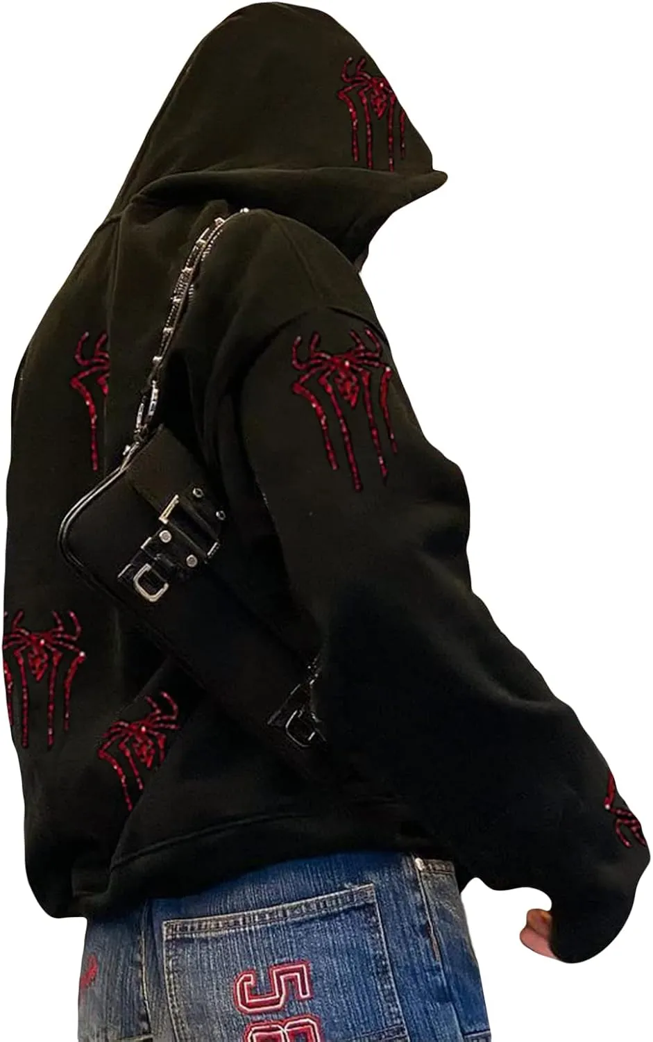 Sunwittafy Y2k Hoodie Men Women Black Rhinestone Zip Up Hoodie Grunge Hooded Oversized Sweatshirt Harajuku Streetwear