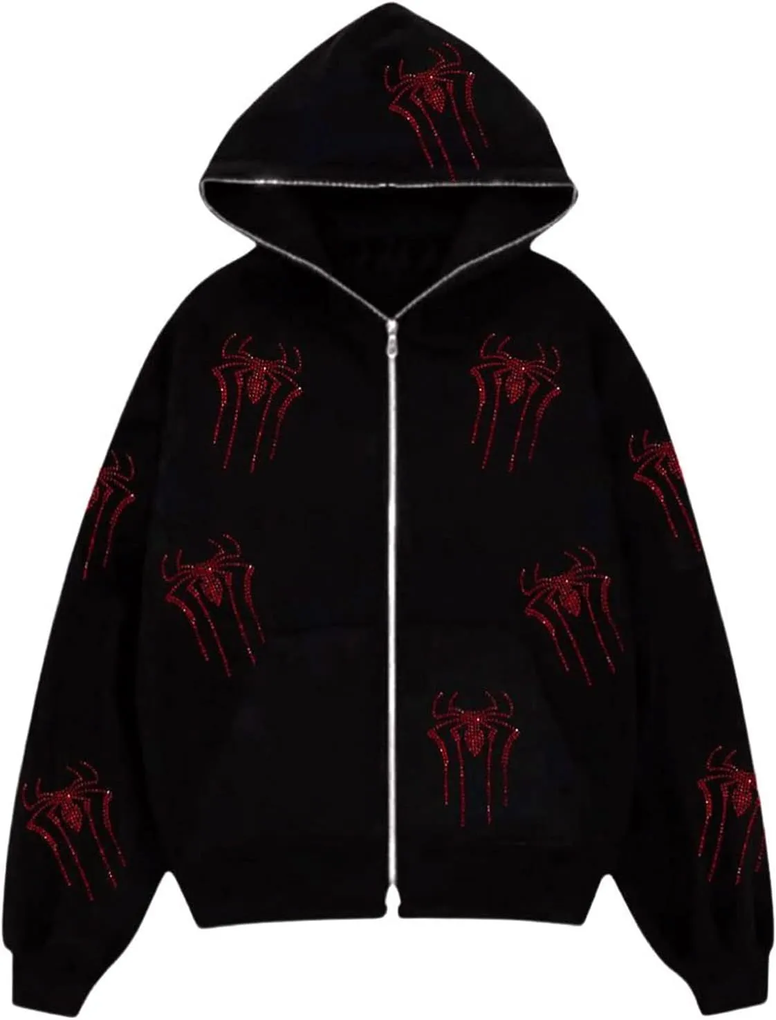 Sunwittafy Y2k Hoodie Men Women Black Rhinestone Zip Up Hoodie Grunge Hooded Oversized Sweatshirt Harajuku Streetwear