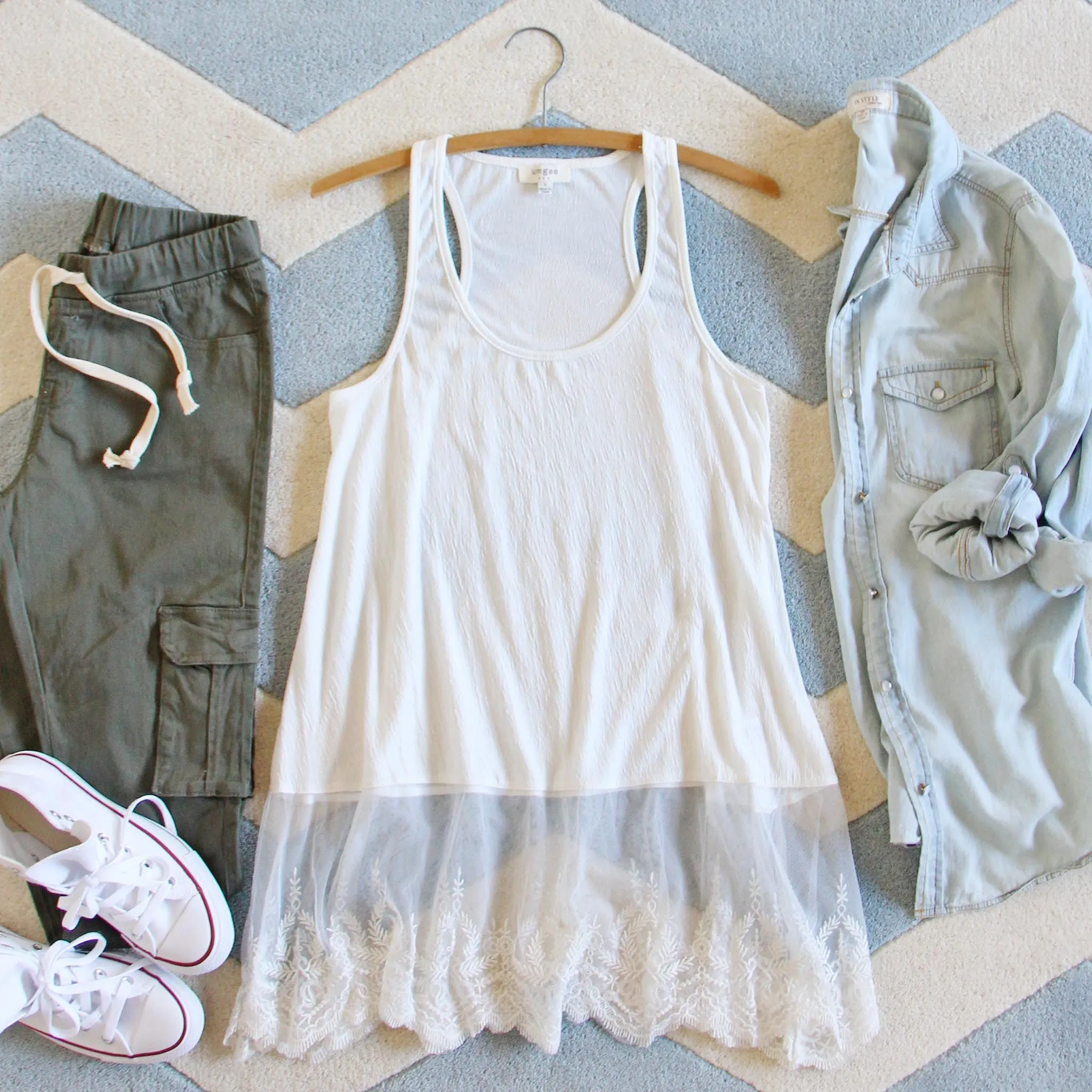 The Lace Hem Layering Tank in White