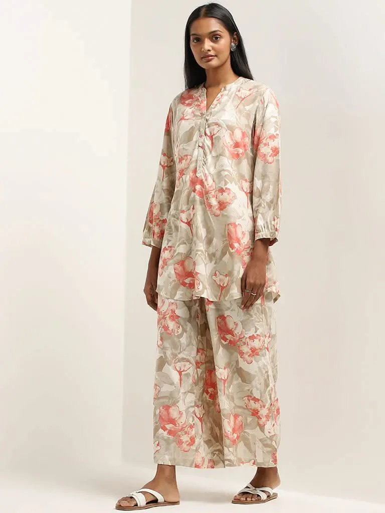 Utsa Taupe Floral Pattern Mid-Rise Palazzos