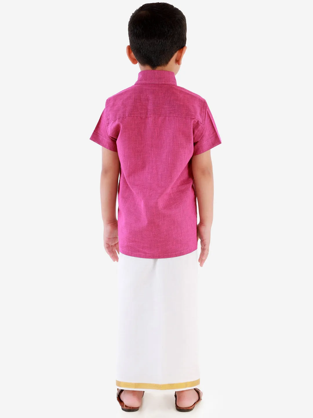 VASTRAMAY Men's & Boys Pink Solid Cotton Blend Half Sleeve Ethnic Shirt And Mundu Set