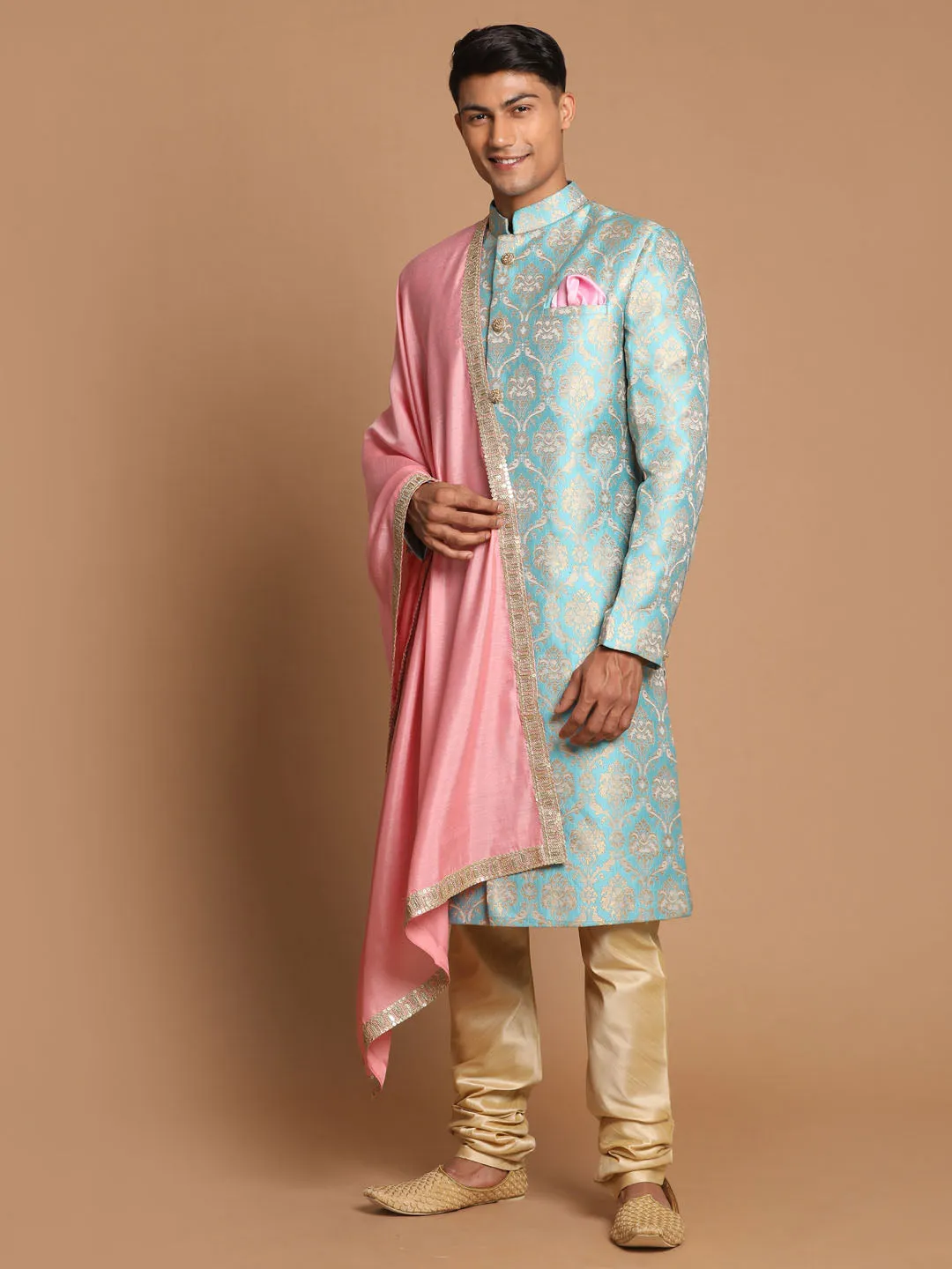 Vastramay Sea Green Brocade Sherwani Set