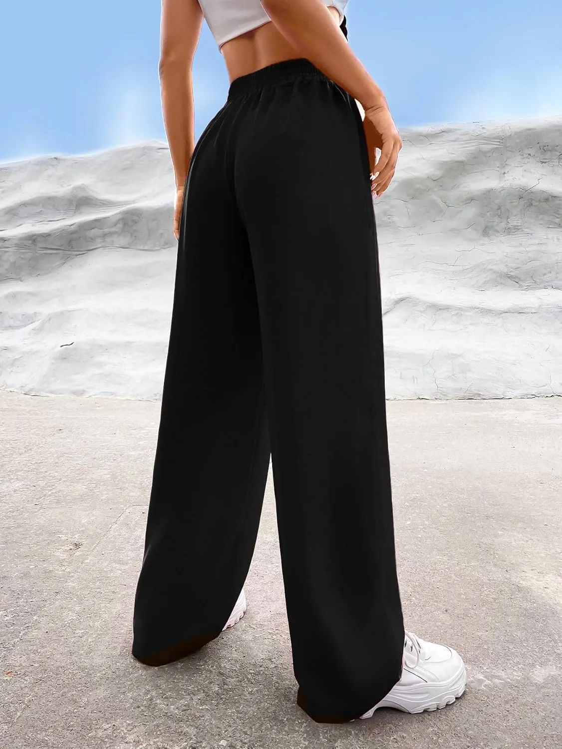 Verdusa Women's Elastic High Waist Solid Straight Leg Pants Casual Long Trousers