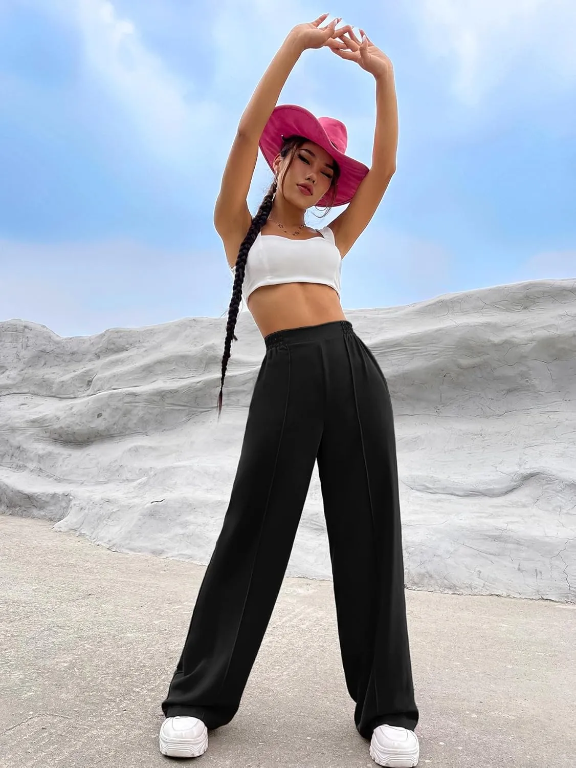Verdusa Women's Elastic High Waist Solid Straight Leg Pants Casual Long Trousers