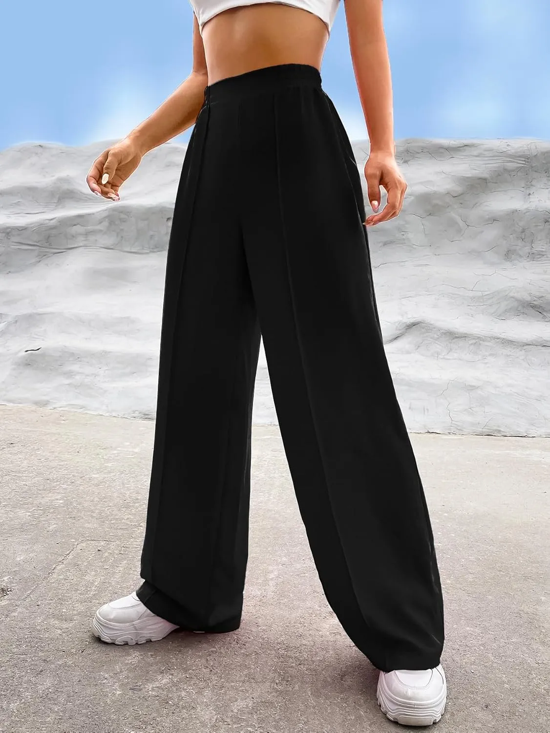 Verdusa Women's Elastic High Waist Solid Straight Leg Pants Casual Long Trousers