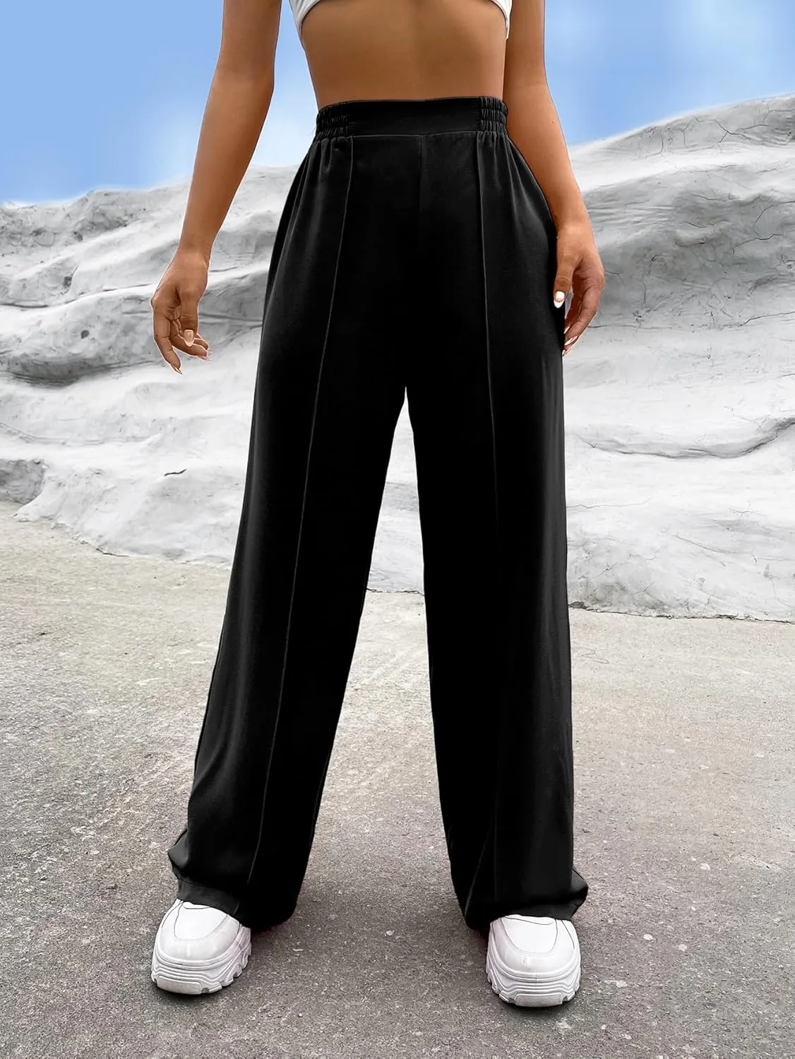 Verdusa Women's Elastic High Waist Solid Straight Leg Pants Casual Long Trousers