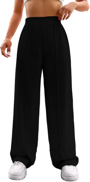 Verdusa Women's Elastic High Waist Solid Straight Leg Pants Casual Long Trousers