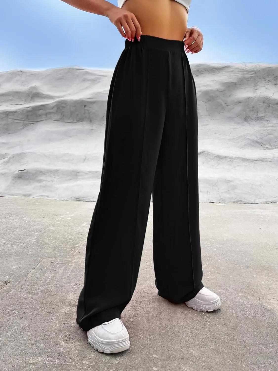Verdusa Women's Elastic High Waist Solid Straight Leg Pants Casual Long Trousers