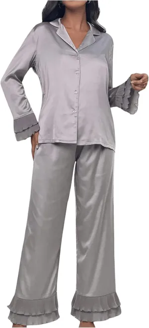 Verdusa Women's Satin Notch Collar Blouse and Ruffle Hem Pants PJ Set