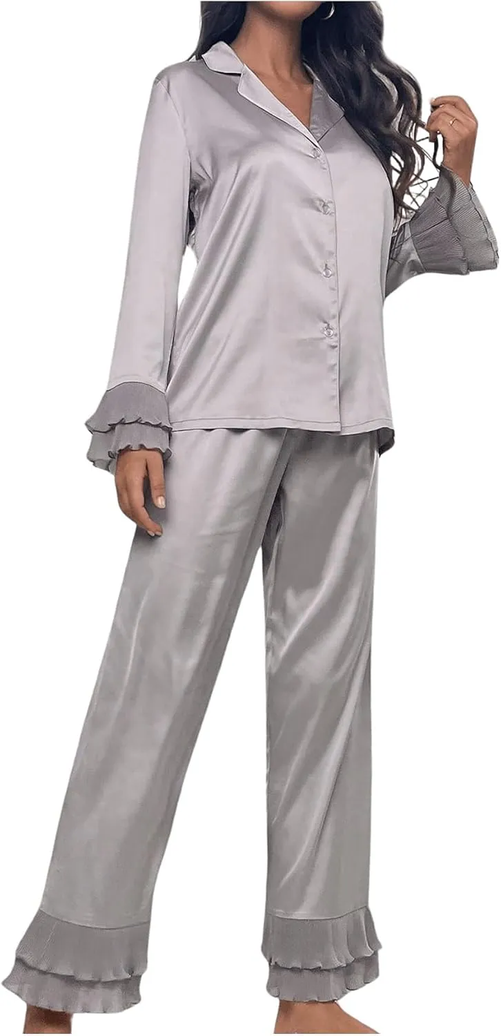 Verdusa Women's Satin Notch Collar Blouse and Ruffle Hem Pants PJ Set