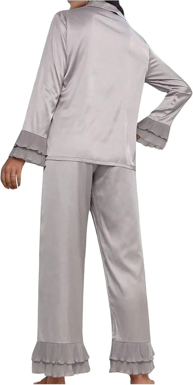Verdusa Women's Satin Notch Collar Blouse and Ruffle Hem Pants PJ Set