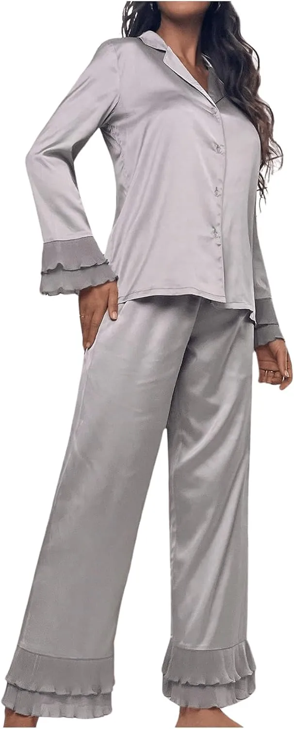 Verdusa Women's Satin Notch Collar Blouse and Ruffle Hem Pants PJ Set