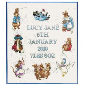 Vintage Rare Beatrix Potter Peter Rabbit & Friends Counted Cross Stitch Baby Birth Announcement Kit Keepsake Record Sampler or PDF Pattern Chart Instructions JC218 by Anchor 2010