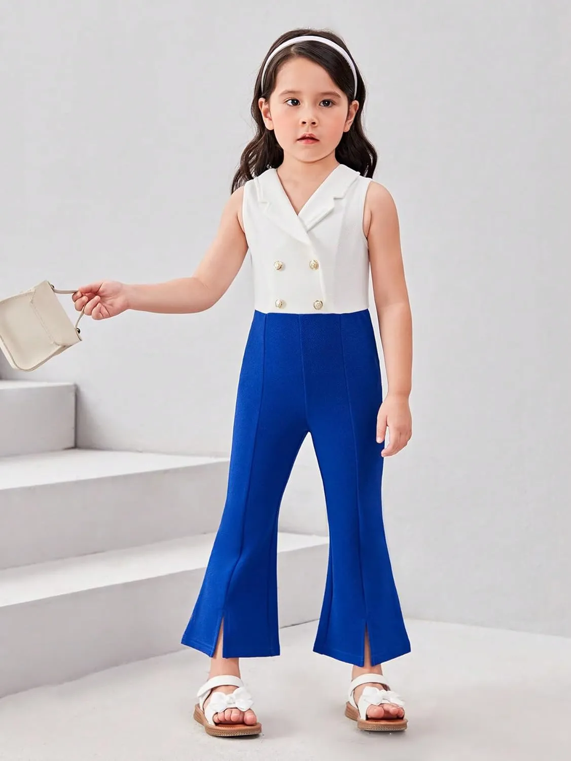 WDIRARA Girl's Color Block Lapel Neck Sleeveless Flare Leg Split Hem Elegant Jumpsuit