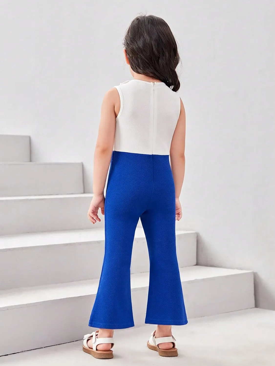 WDIRARA Girl's Color Block Lapel Neck Sleeveless Flare Leg Split Hem Elegant Jumpsuit