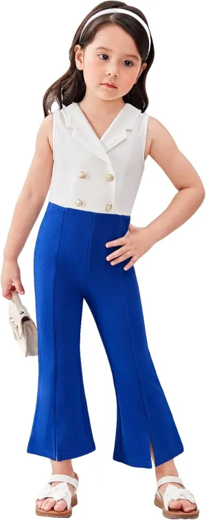 WDIRARA Girl's Color Block Lapel Neck Sleeveless Flare Leg Split Hem Elegant Jumpsuit