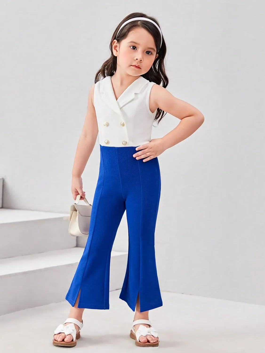 WDIRARA Girl's Color Block Lapel Neck Sleeveless Flare Leg Split Hem Elegant Jumpsuit