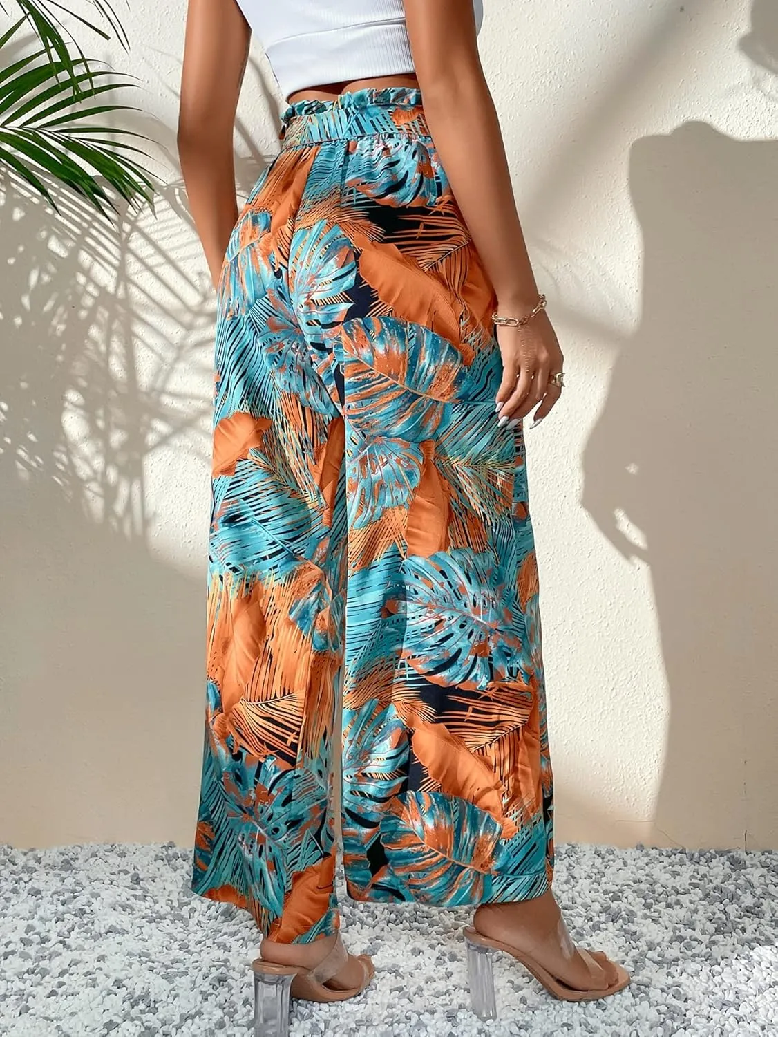 WDIRARA Women's Tropical Print High Elastic Waisted Wide Leg Loose Pants Trousers