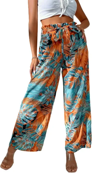 WDIRARA Women's Tropical Print High Elastic Waisted Wide Leg Loose Pants Trousers