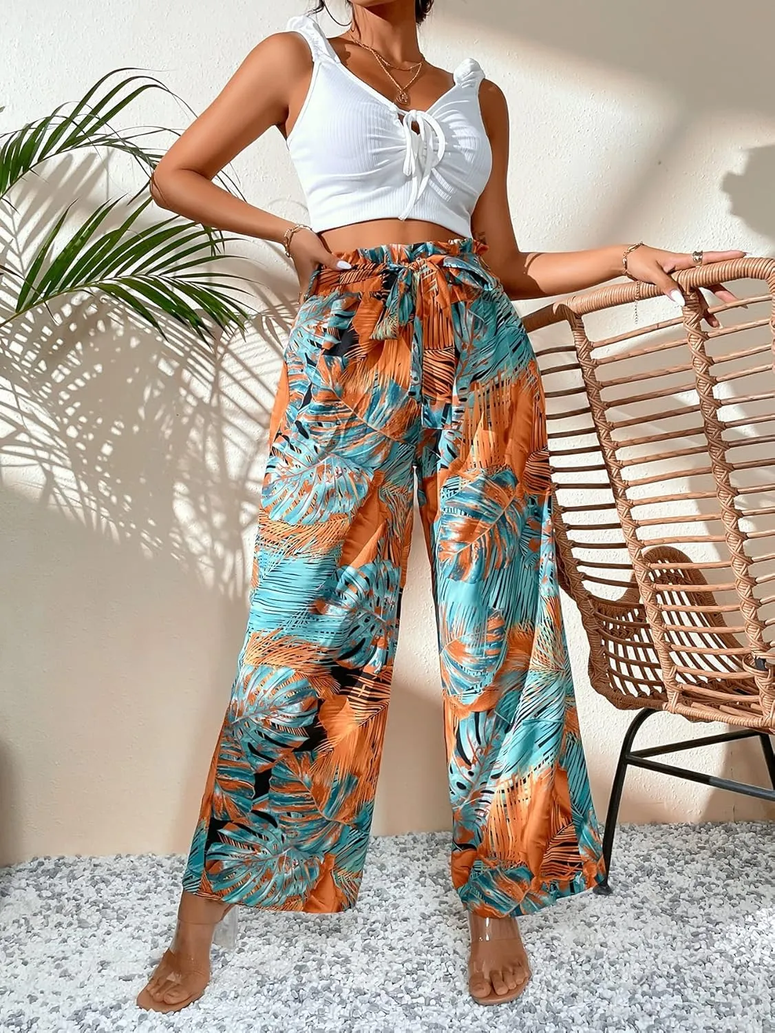 WDIRARA Women's Tropical Print High Elastic Waisted Wide Leg Loose Pants Trousers