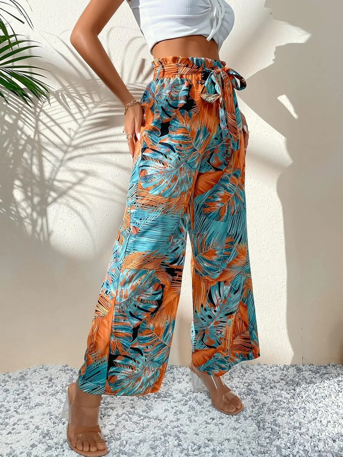 WDIRARA Women's Tropical Print High Elastic Waisted Wide Leg Loose Pants Trousers