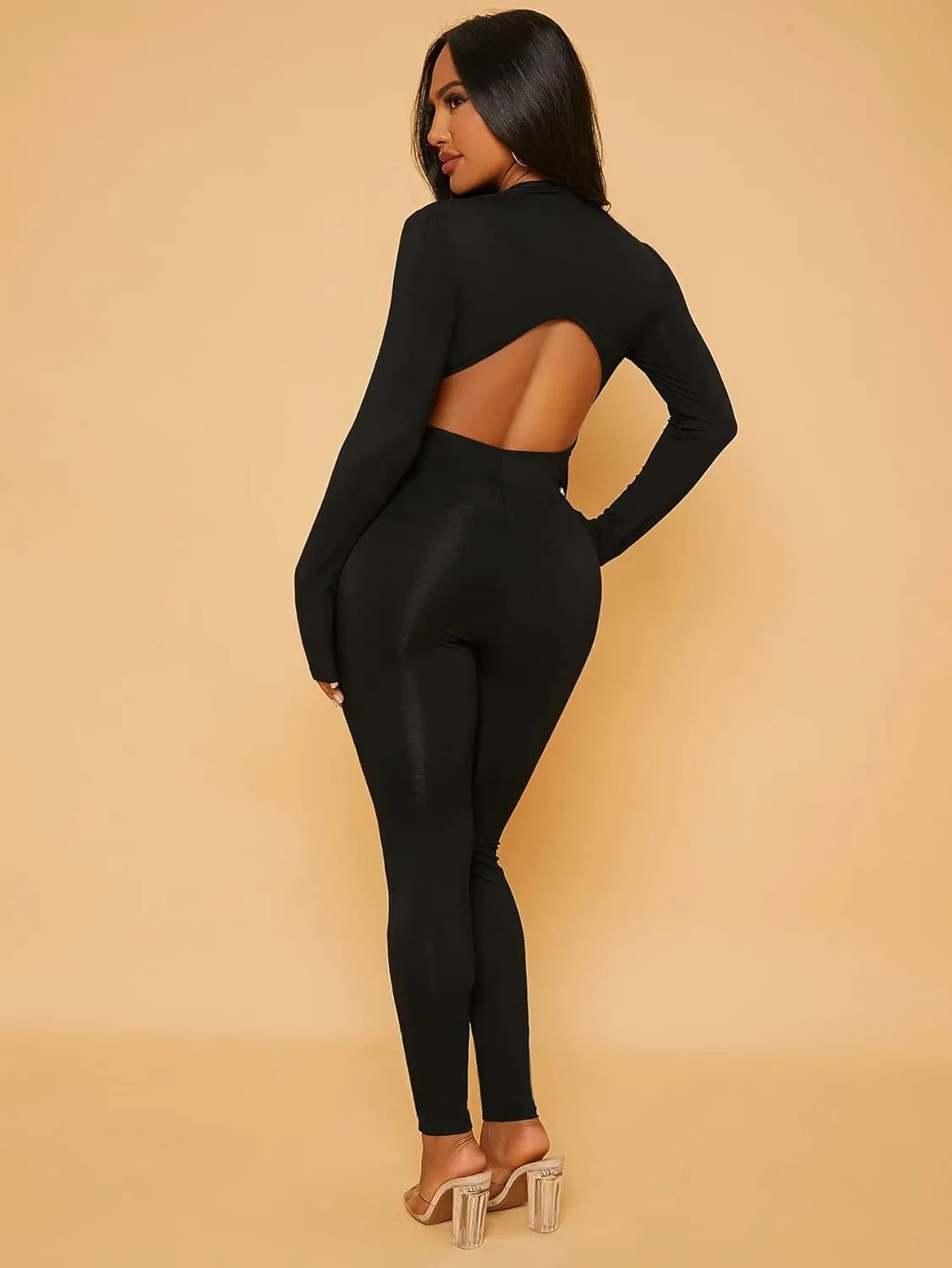 WDIRARA Women's V Neck Long Sleeve Bodycon Unitard Jumpsuit Skinny Pants