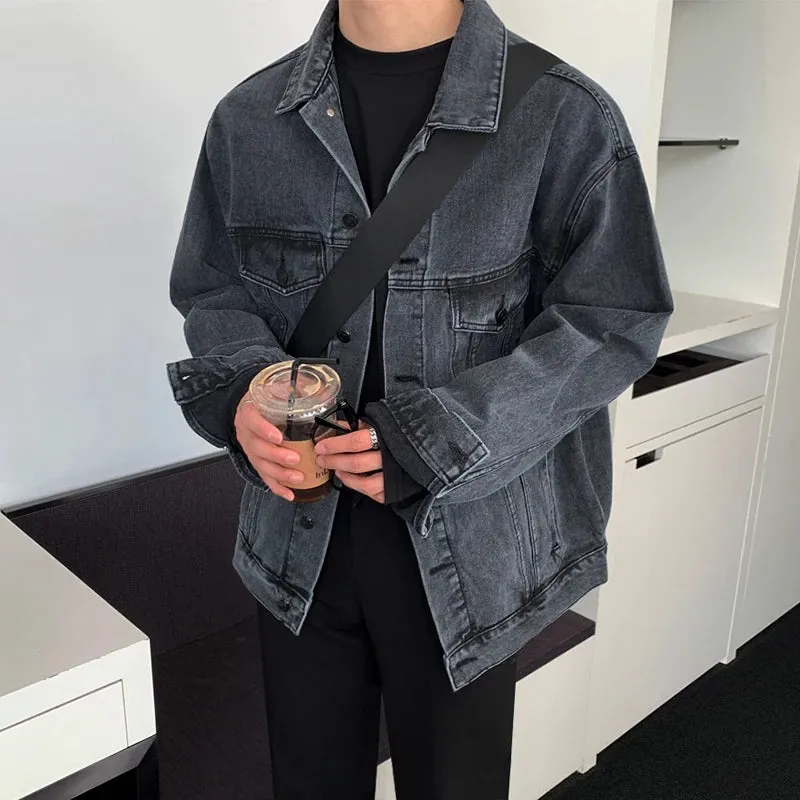 Wiaofellas  - Men Spring Autumn New Long Sleeve Denim Jacket Men Solid Color Lapel Casual Coats Male Single Breasted Jeans Outwear C82