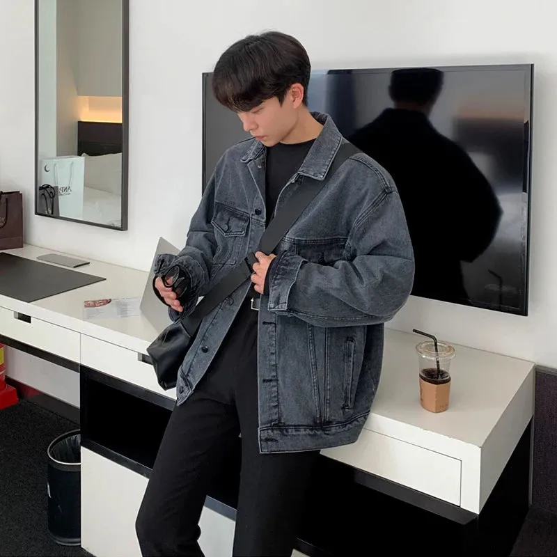 Wiaofellas  - Men Spring Autumn New Long Sleeve Denim Jacket Men Solid Color Lapel Casual Coats Male Single Breasted Jeans Outwear C82