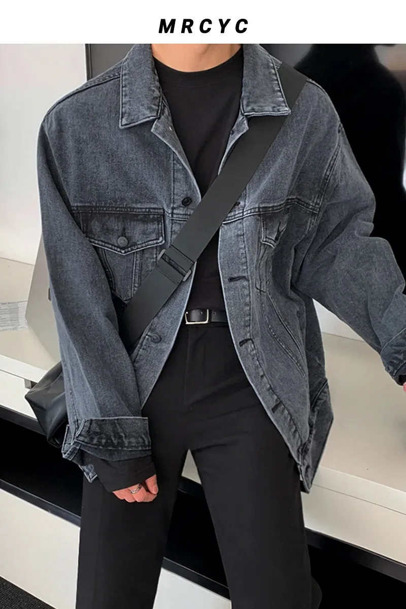 Wiaofellas  - Men Spring Autumn New Long Sleeve Denim Jacket Men Solid Color Lapel Casual Coats Male Single Breasted Jeans Outwear C82