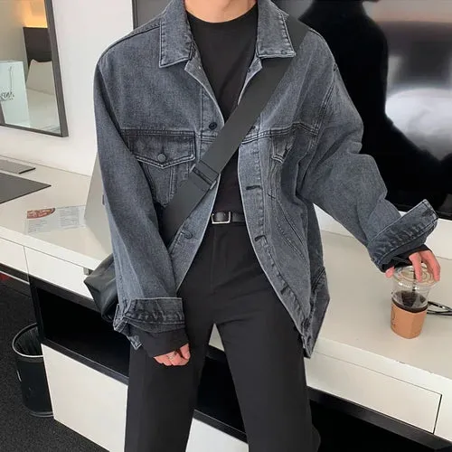 Wiaofellas  - Men Spring Autumn New Long Sleeve Denim Jacket Men Solid Color Lapel Casual Coats Male Single Breasted Jeans Outwear C82