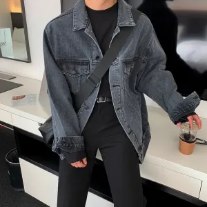Wiaofellas  - Men Spring Autumn New Long Sleeve Denim Jacket Men Solid Color Lapel Casual Coats Male Single Breasted Jeans Outwear C82