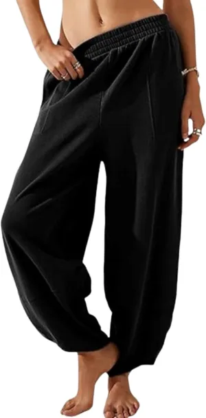 Wide Leg Harem Pants for Women Elastic Waist Casual Loose Pants Baggy Solid Palazzo Comfort Trousers with Pockets