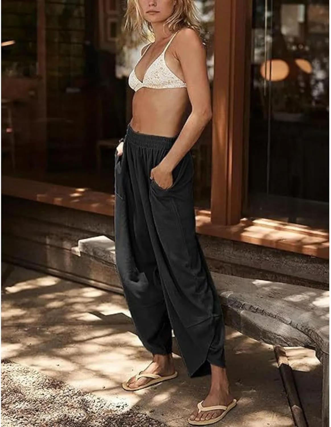 Wide Leg Harem Pants for Women Elastic Waist Casual Loose Pants Baggy Solid Palazzo Comfort Trousers with Pockets