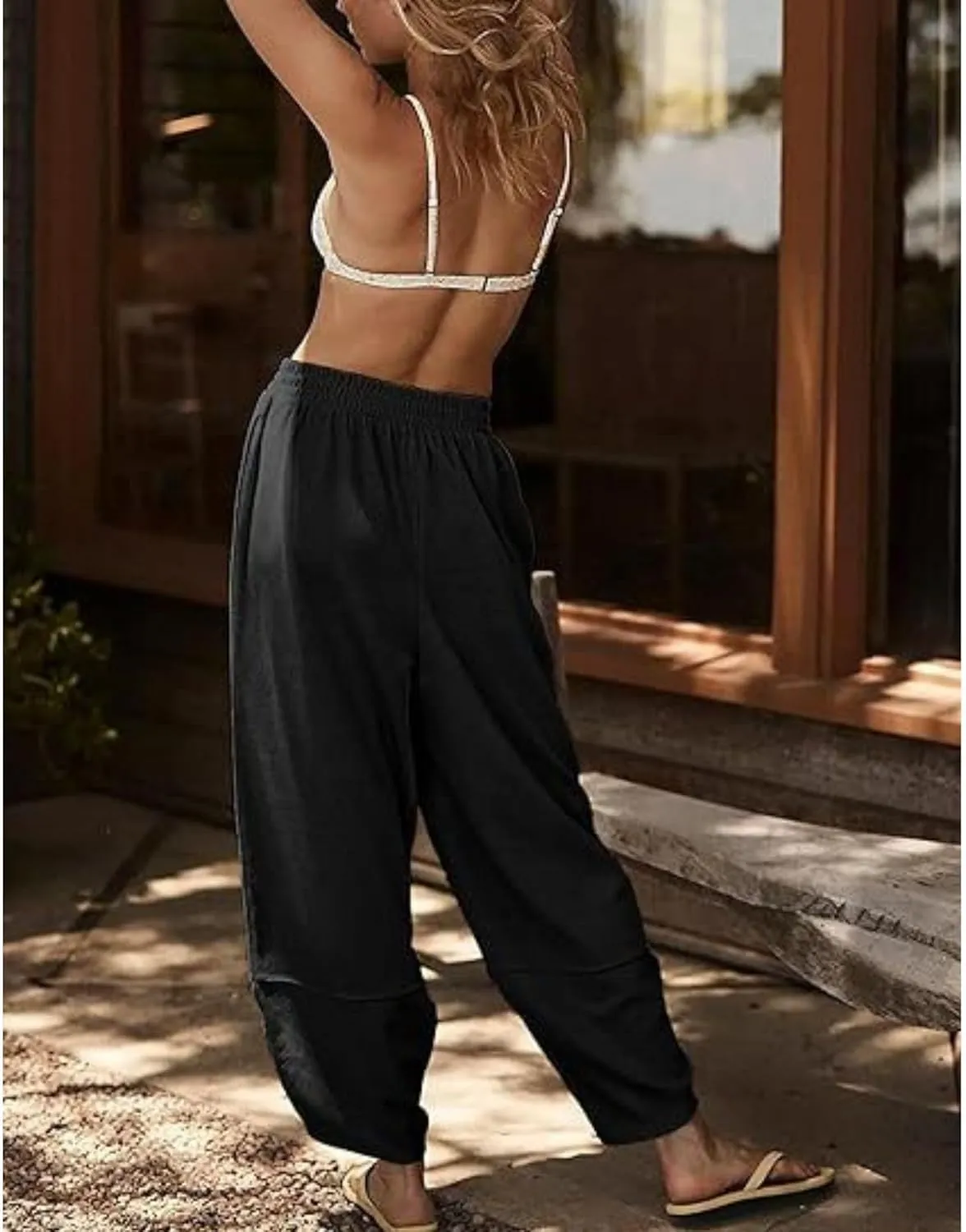 Wide Leg Harem Pants for Women Elastic Waist Casual Loose Pants Baggy Solid Palazzo Comfort Trousers with Pockets