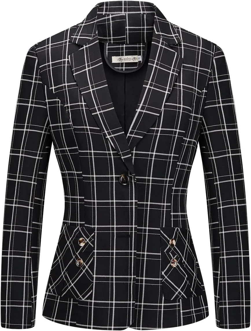 Womens 2 Piece Plaid Suits Set Business Office One Button Blazer Jacket Casual Long Sleeve Pant Suit Set
