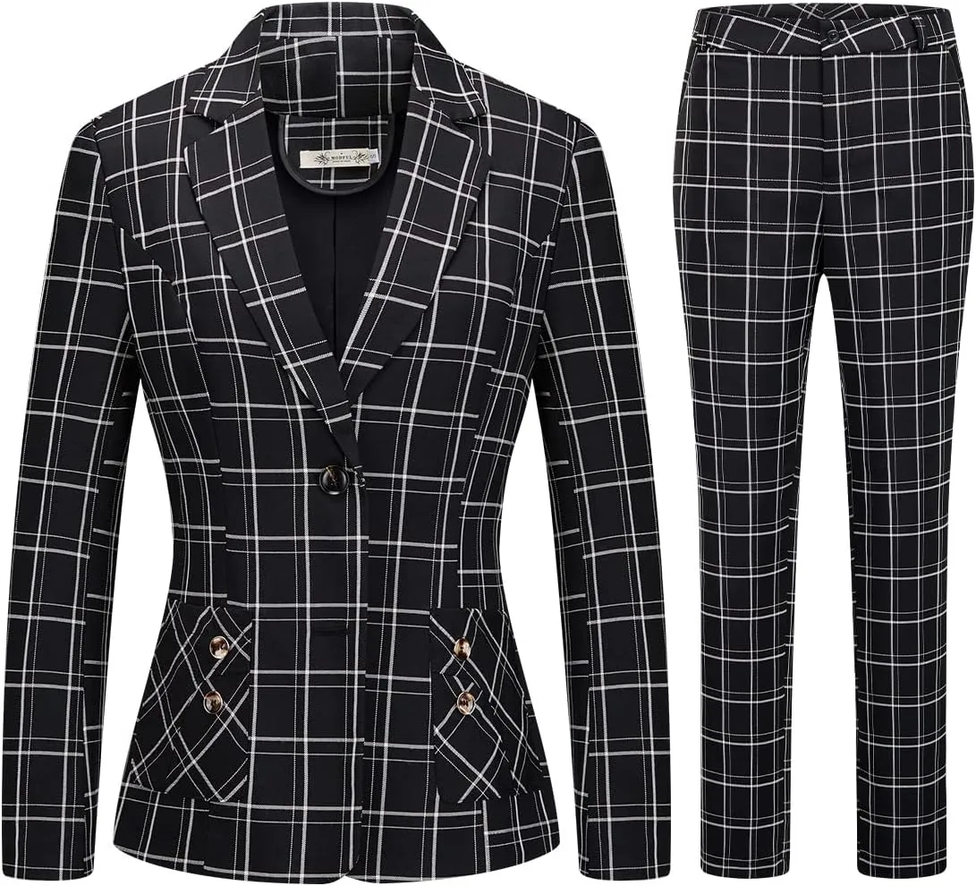 Womens 2 Piece Plaid Suits Set Business Office One Button Blazer Jacket Casual Long Sleeve Pant Suit Set