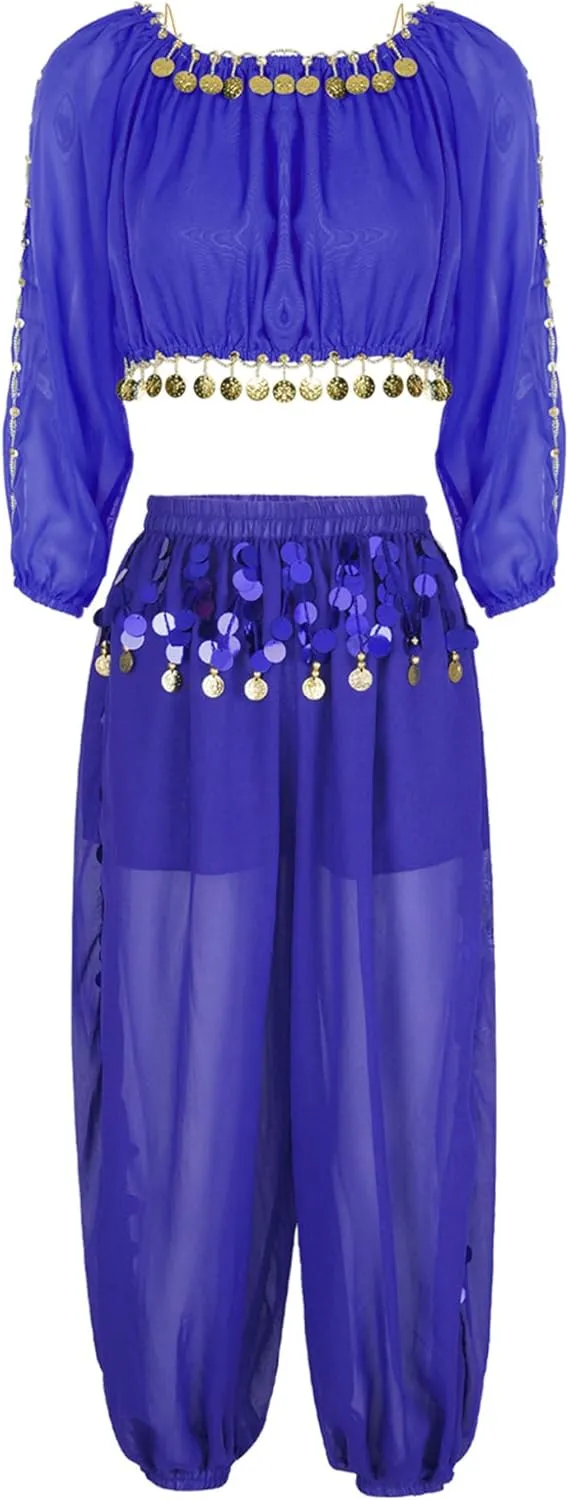Women's 2Pcs Belly Dancer Costumes Crop Top Harem Pants with Built-in Shorts for Dress Up