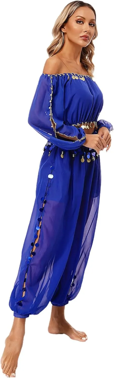 Women's 2Pcs Belly Dancer Costumes Crop Top Harem Pants with Built-in Shorts for Dress Up