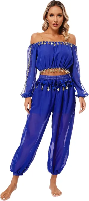 Women's 2Pcs Belly Dancer Costumes Crop Top Harem Pants with Built-in Shorts for Dress Up