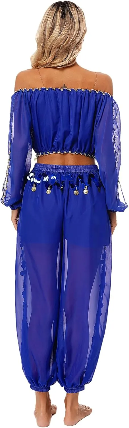 Women's 2Pcs Belly Dancer Costumes Crop Top Harem Pants with Built-in Shorts for Dress Up