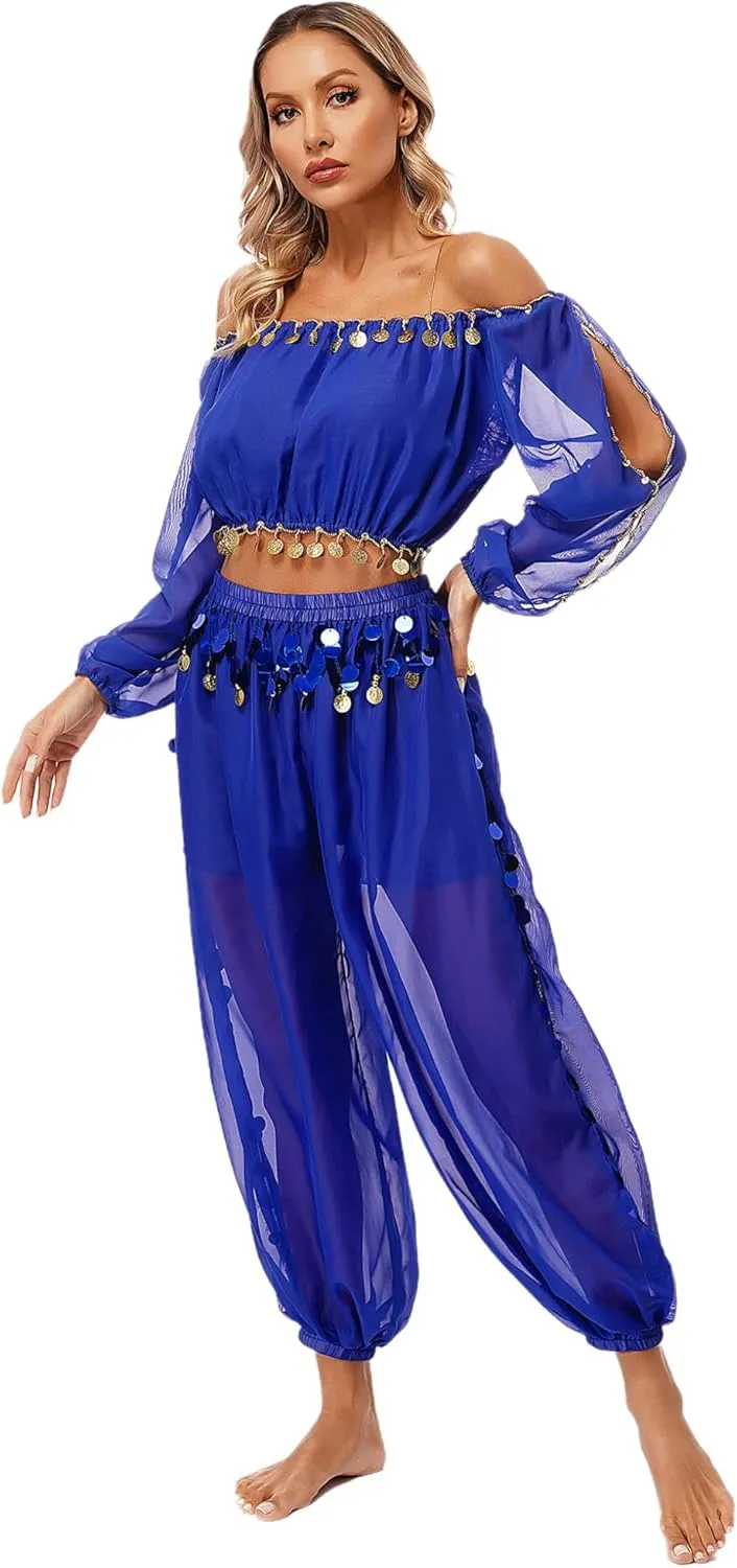Women's 2Pcs Belly Dancer Costumes Crop Top Harem Pants with Built-in Shorts for Dress Up