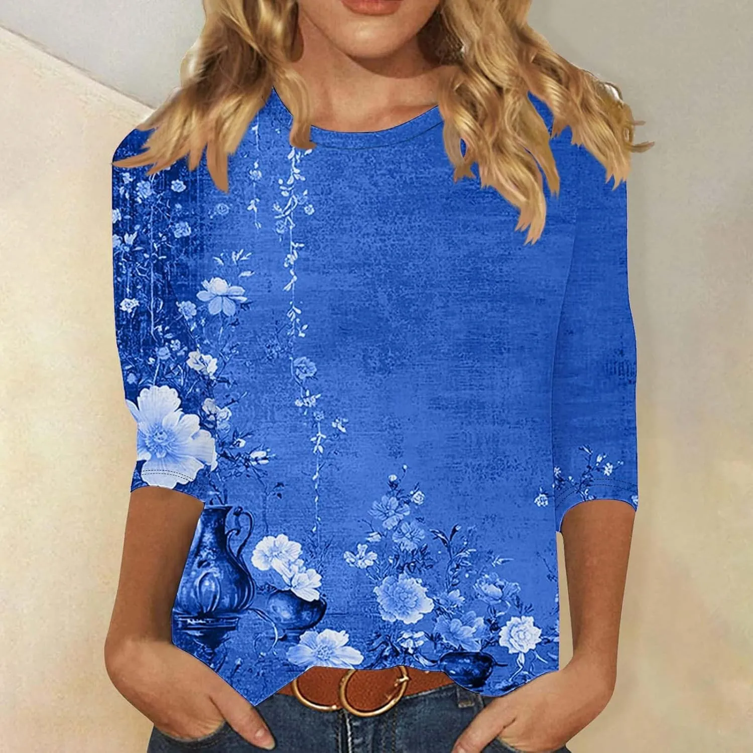 Womens 3/4 Length Sleeve Tops Vintage Elegant Crewneck Floral Printed Summer Tops Lightweight Cozy Loose Fit Blouse